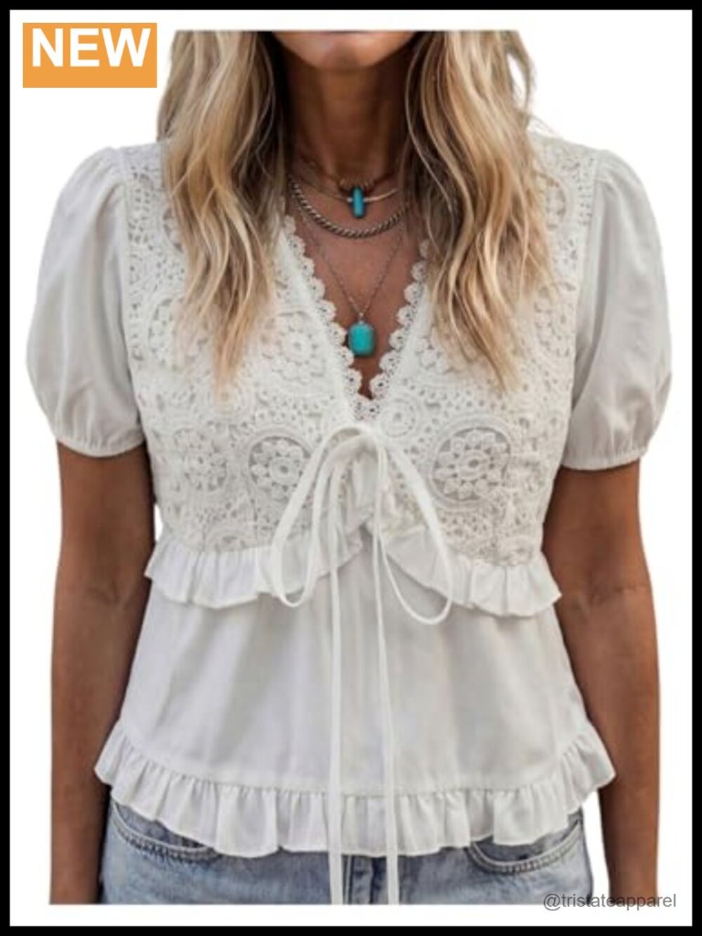 Women's Floral Embroidered Tie Front Top V Neck Short Puff Sleeve Babydoll